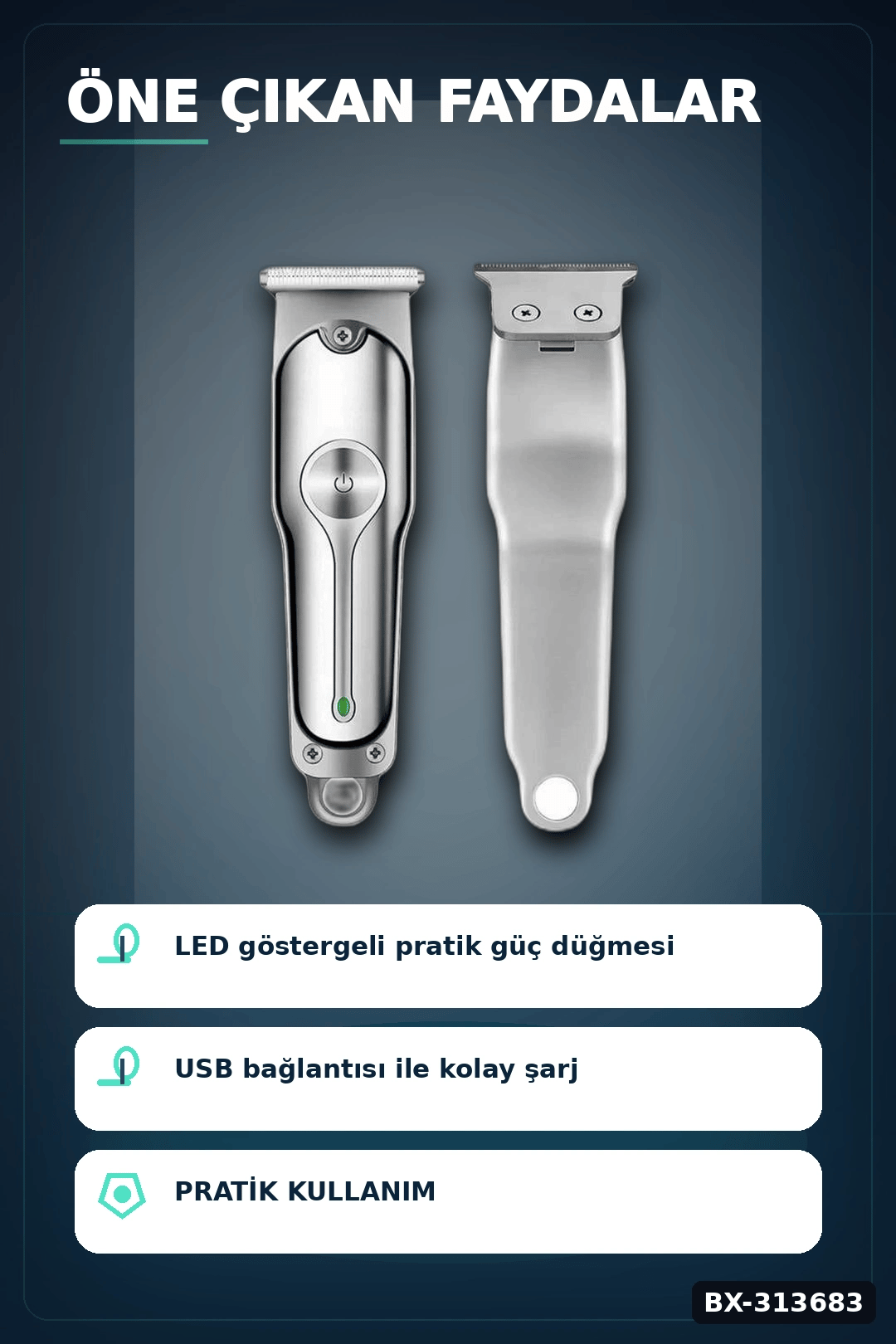 3 Ayarlı Kılavuz Taraklı 120 Dakika Çalışan USB Şarjlı Saç Kesme Makinesi BX-313683