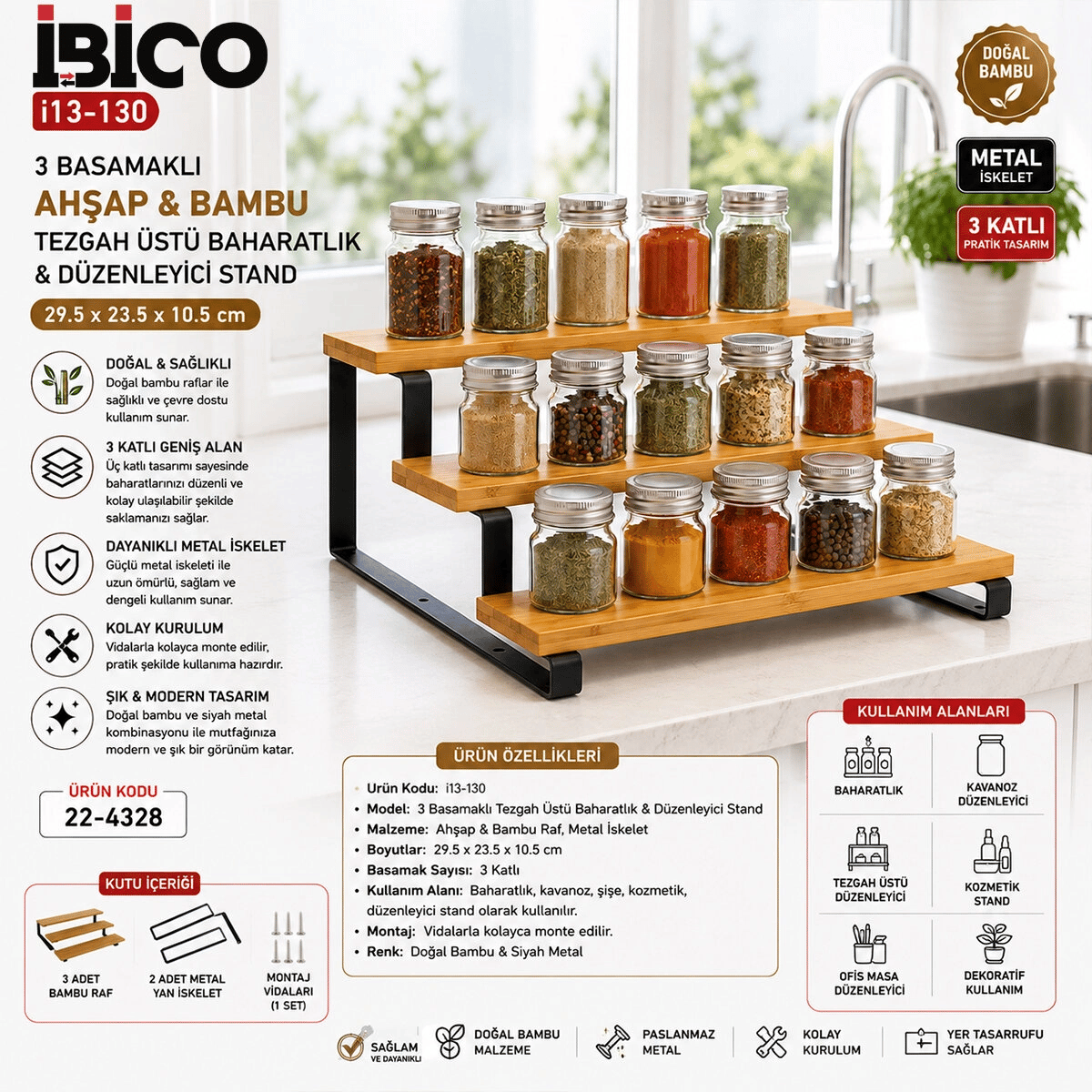3 Basamaklı Ahşap - Bambu Tezgah Üstü Baharatlık - Düzenleyici Stand 29.5x23.5x10.5cm Bx40