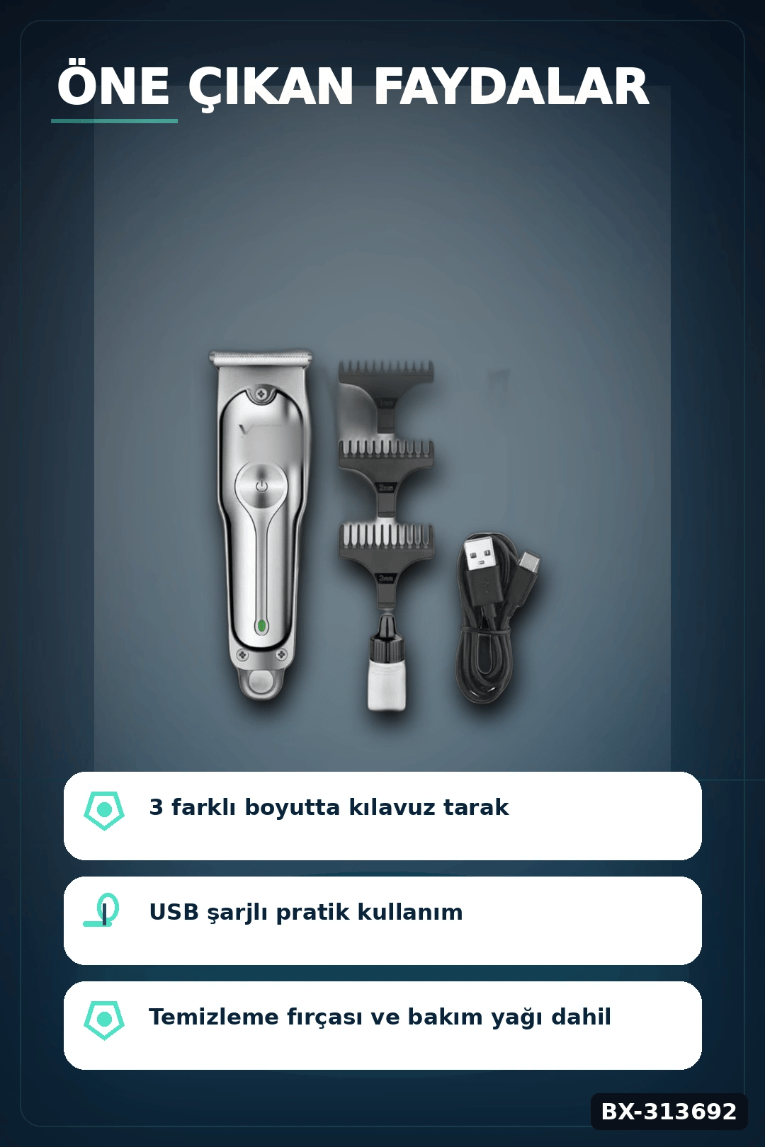 3 Başlıklı Şarjlı Tıraş Makinesi 14cm Paslanmaz Çelik Taraklı Ense Sakal Saç İçin BX-313692