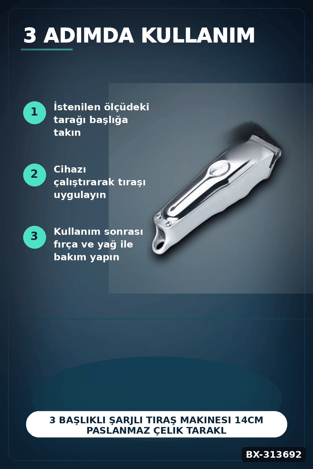 3 Başlıklı Şarjlı Tıraş Makinesi 14cm Paslanmaz Çelik Taraklı Ense Sakal Saç İçin BX-313692
