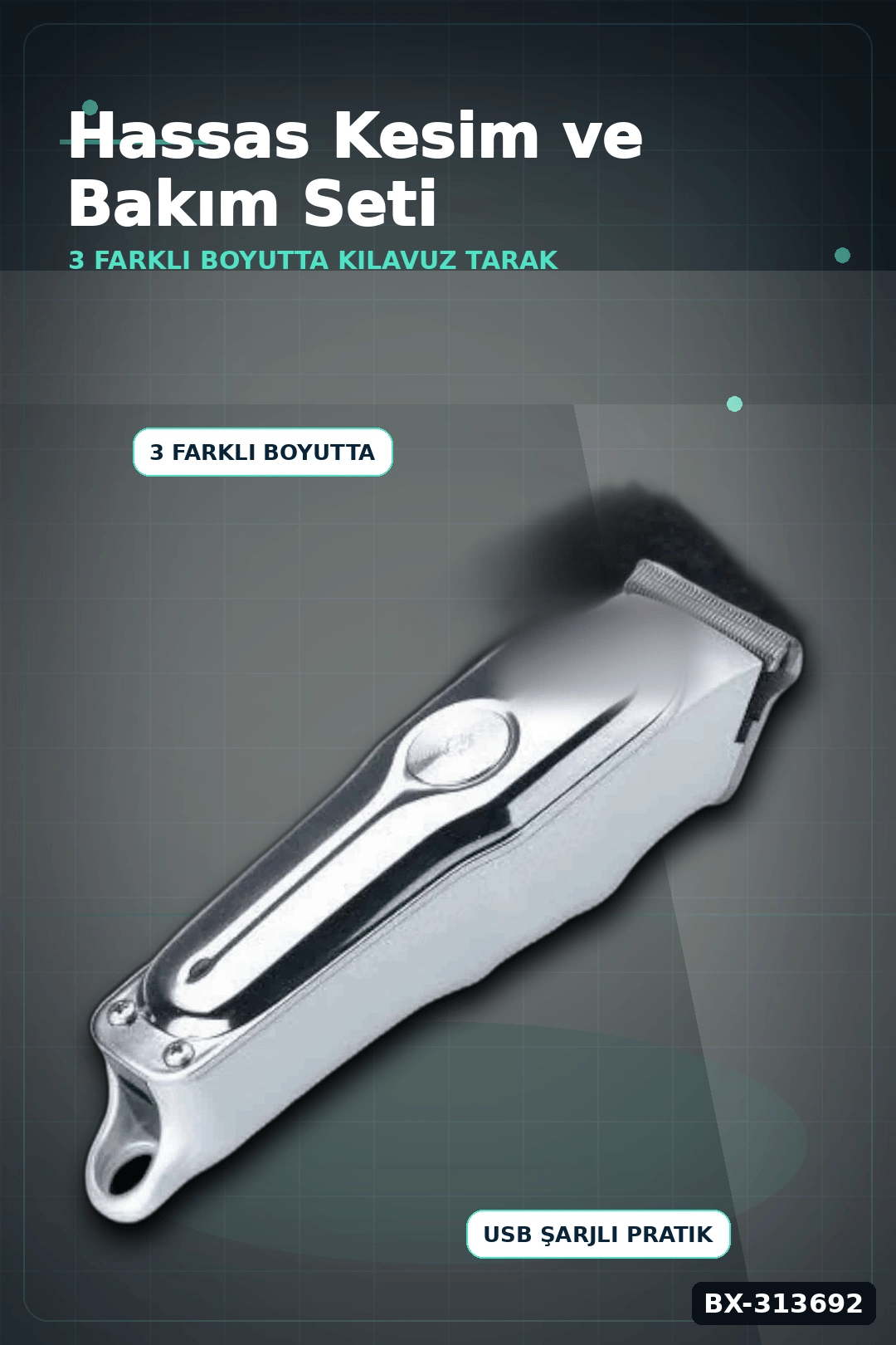 3 Başlıklı Şarjlı Tıraş Makinesi 14cm Paslanmaz Çelik Taraklı Ense Sakal Saç İçin BX-313692