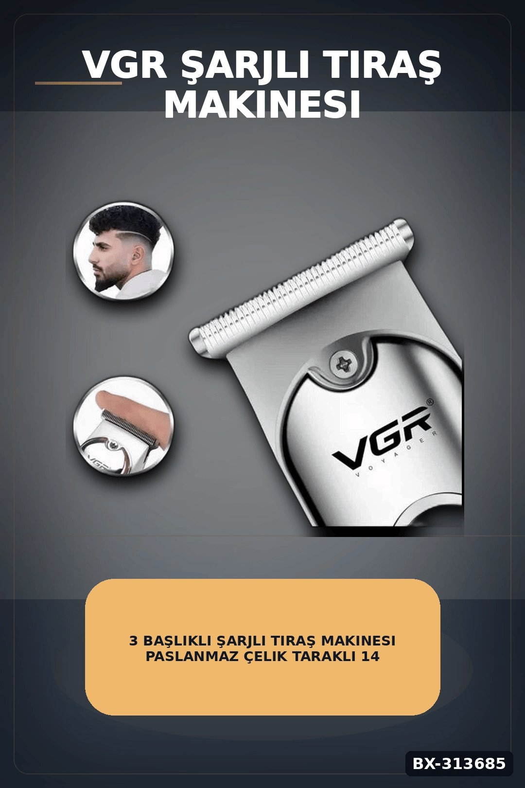 3 Başlıklı Şarjlı Tıraş Makinesi Paslanmaz Çelik Taraklı 14 cm 40 gr Sakal Saç Ense Tıraşı BX-313685