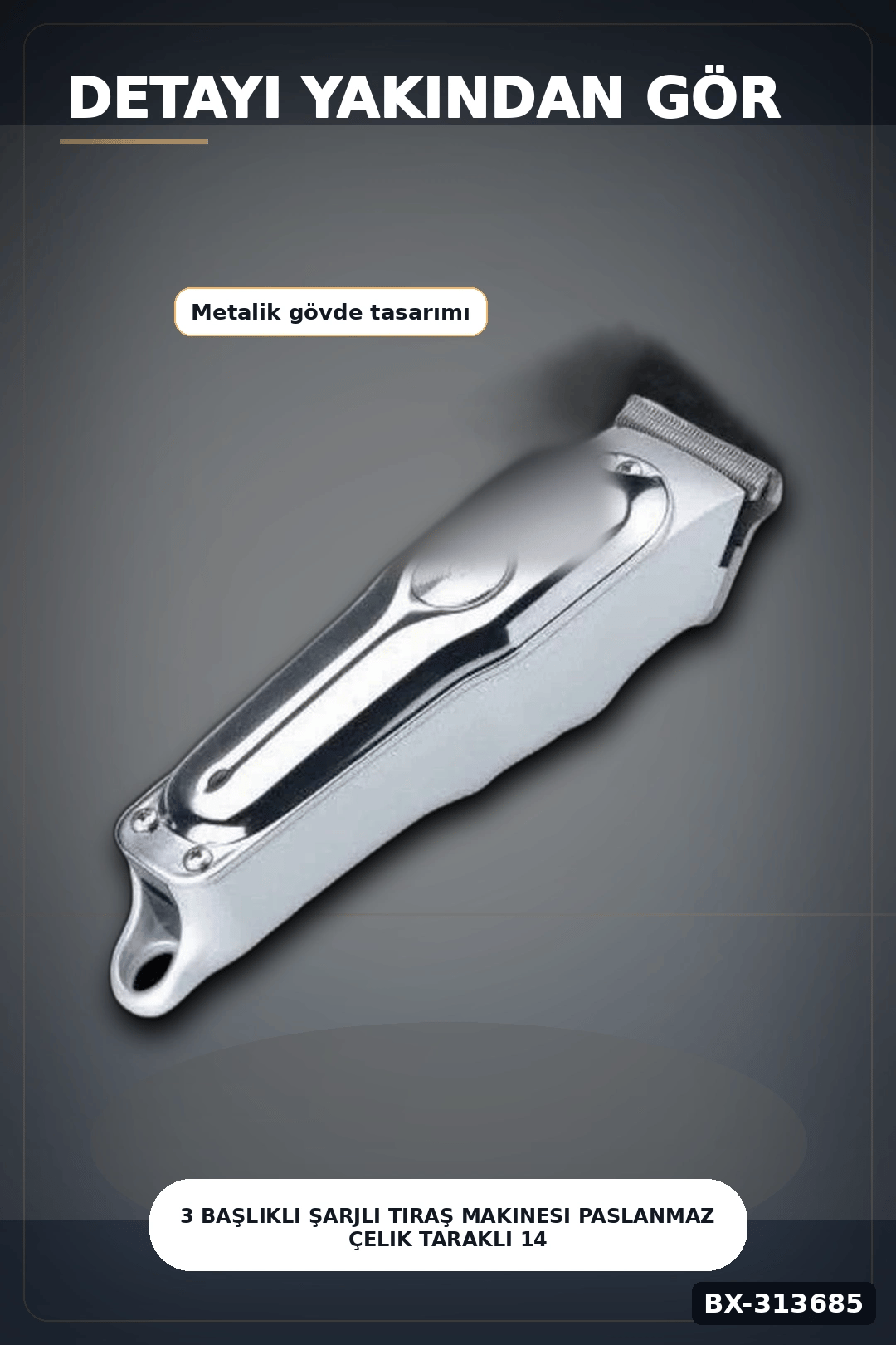 3 Başlıklı Şarjlı Tıraş Makinesi Paslanmaz Çelik Taraklı 14 cm 40 gr Sakal Saç Ense Tıraşı BX-313685