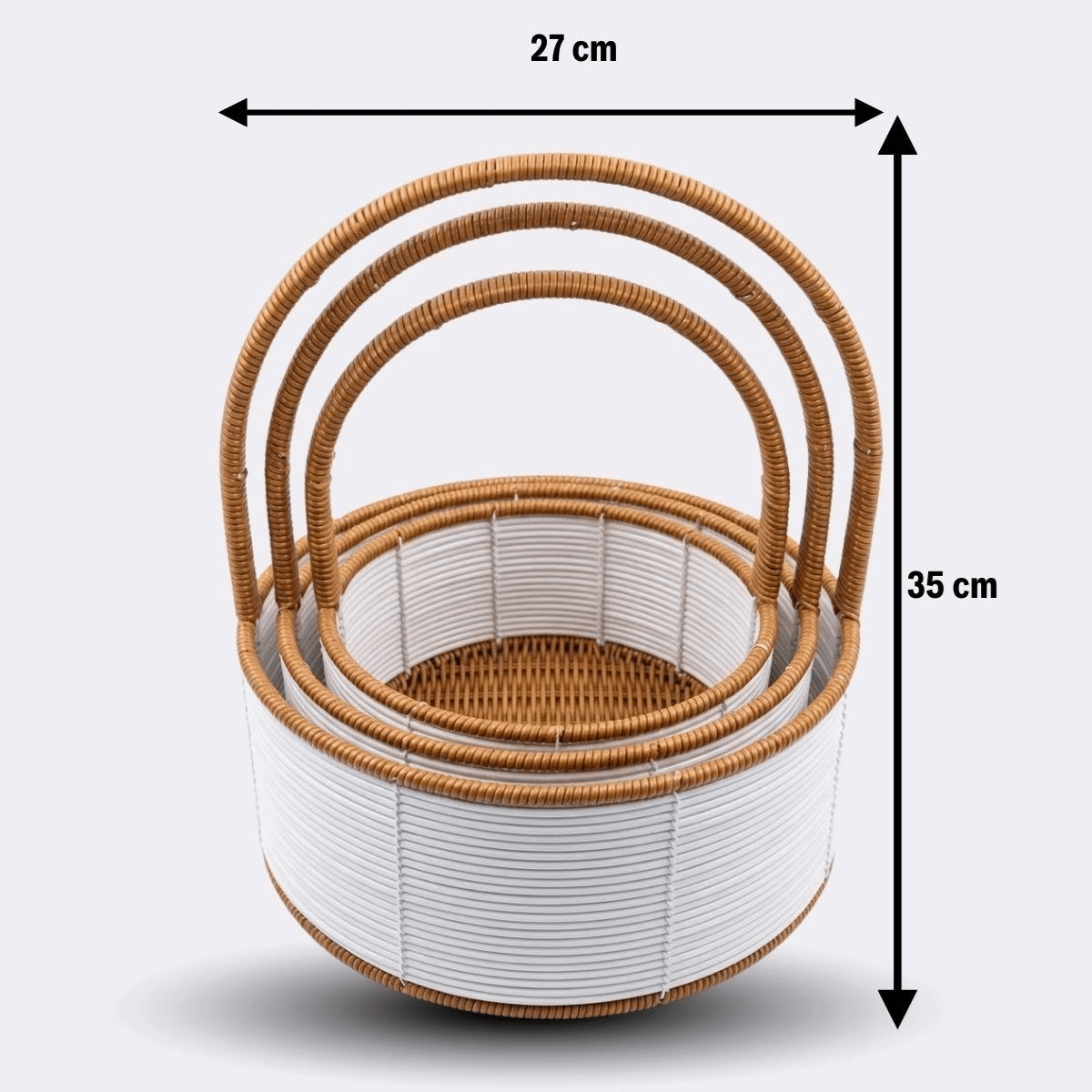 3 Boy İç İçe Geçebilen Plastik Rattan Sepetler–beyaz Renkli,kahverengi Saplı, Çok Amaçlı Düzenleyici Ve Sunum Sepeti Seti Bx40