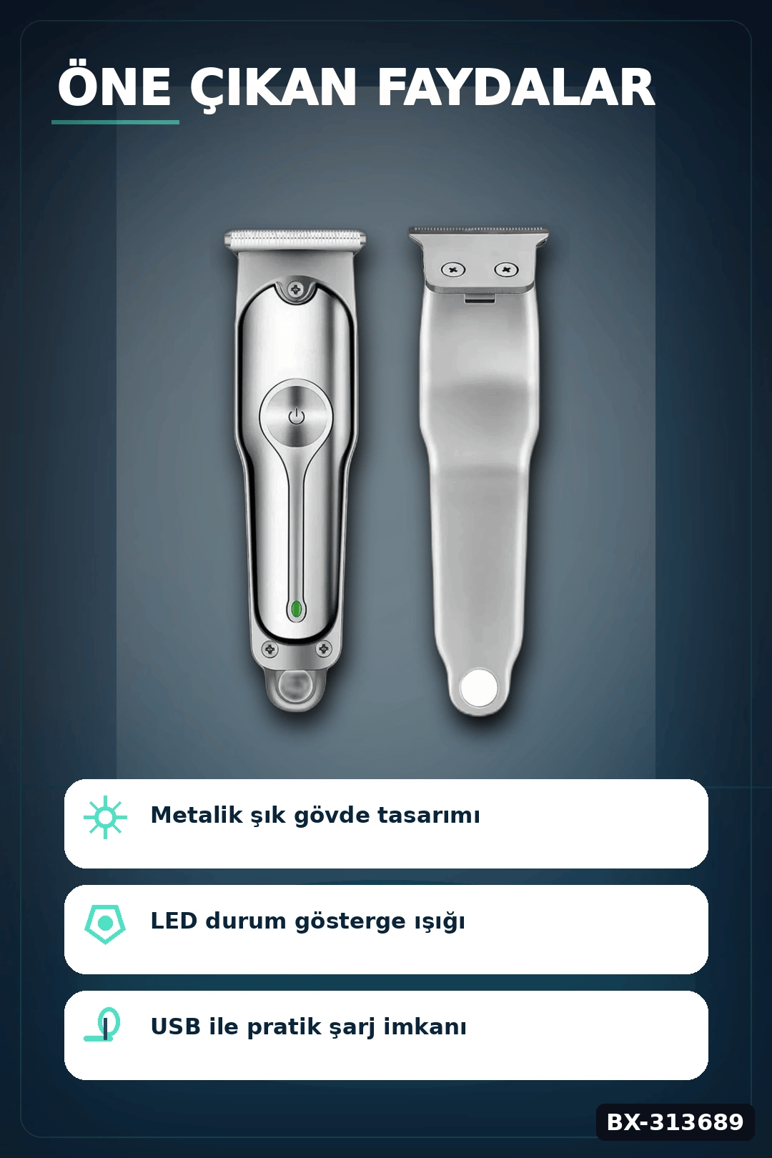 3 Kademeli Tıraş Makinesi Paslanmaz Çelik Bıçaklı 2 Saat Kullanım USB Şarjlı BX-313689