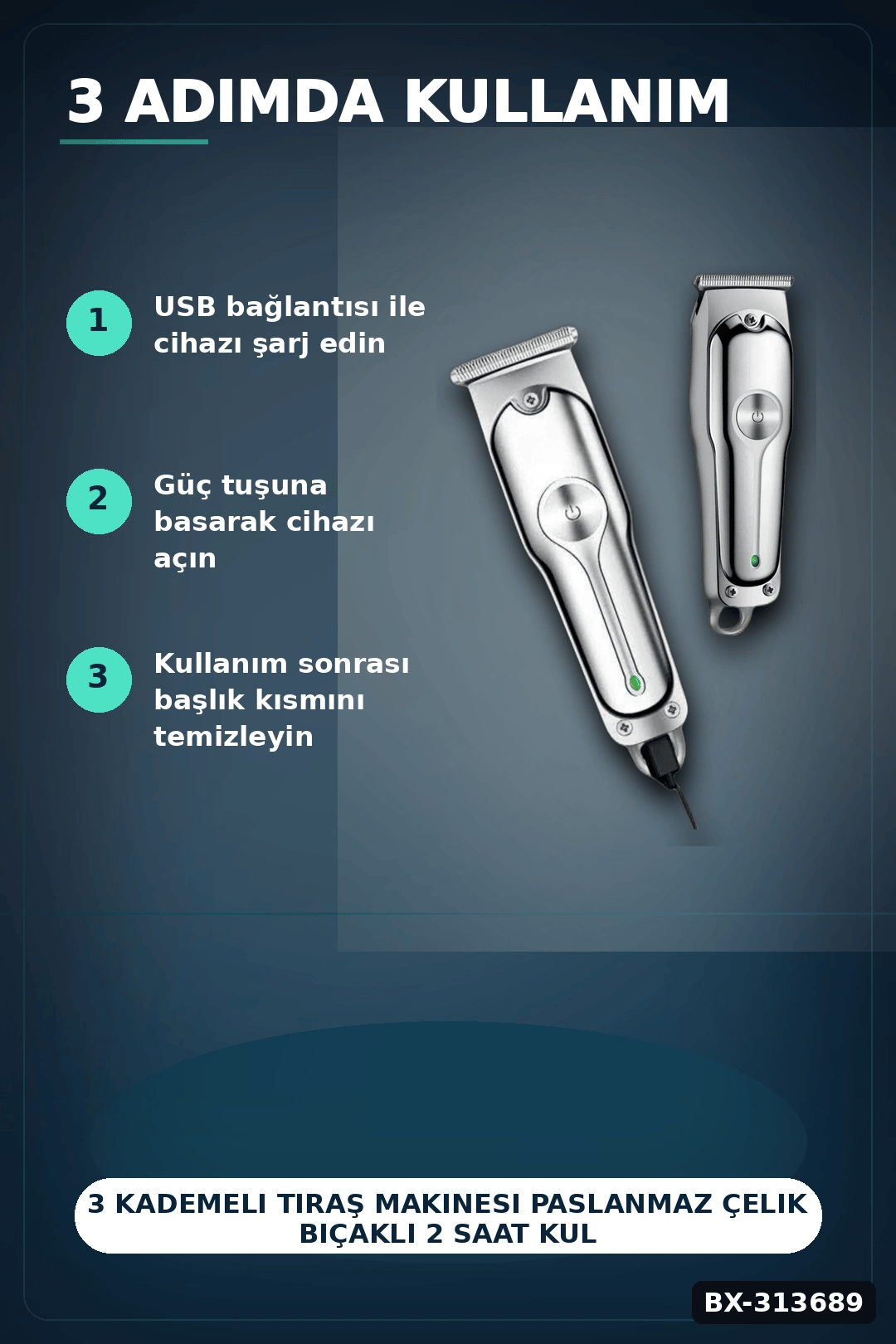 3 Kademeli Tıraş Makinesi Paslanmaz Çelik Bıçaklı 2 Saat Kullanım USB Şarjlı BX-313689
