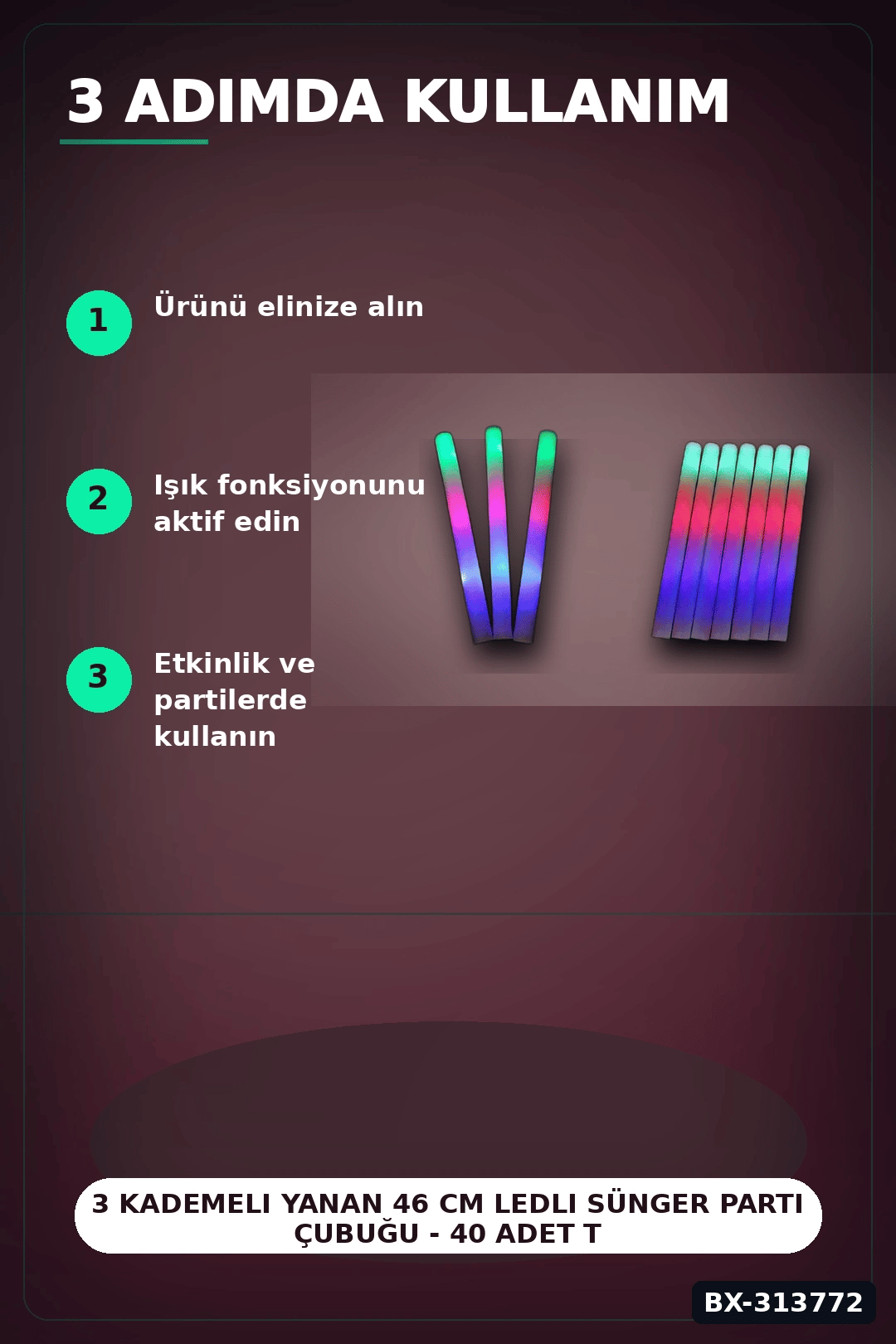 3 Kademeli Yanan 46 cm Ledli Sünger Parti Çubuğu - 40 Adet Toplu Paket BX-313772