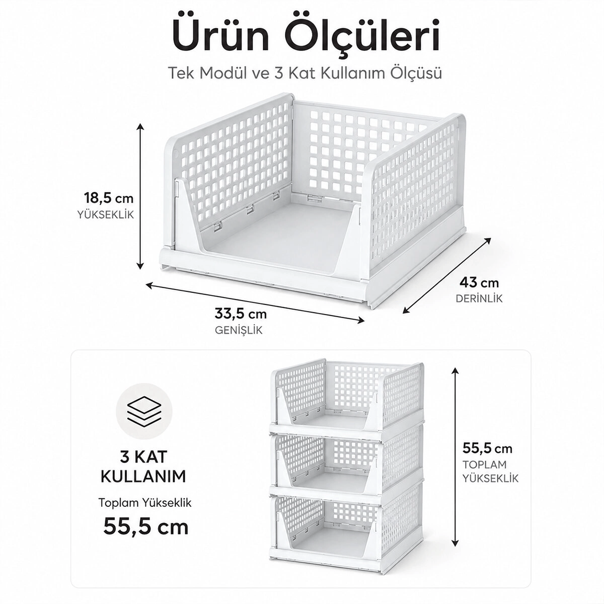 3 Katlı Portatif Organizer - Çok Amaçlı Kayar Raf 18.5x33.5x43cm Toplam 55.5cm Bx40