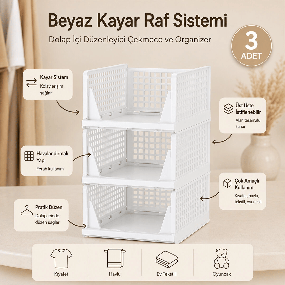 3 Katlı Portatif Organizer - Çok Amaçlı Kayar Raf 18.5x33.5x43cm Toplam 55.5cm Bx40