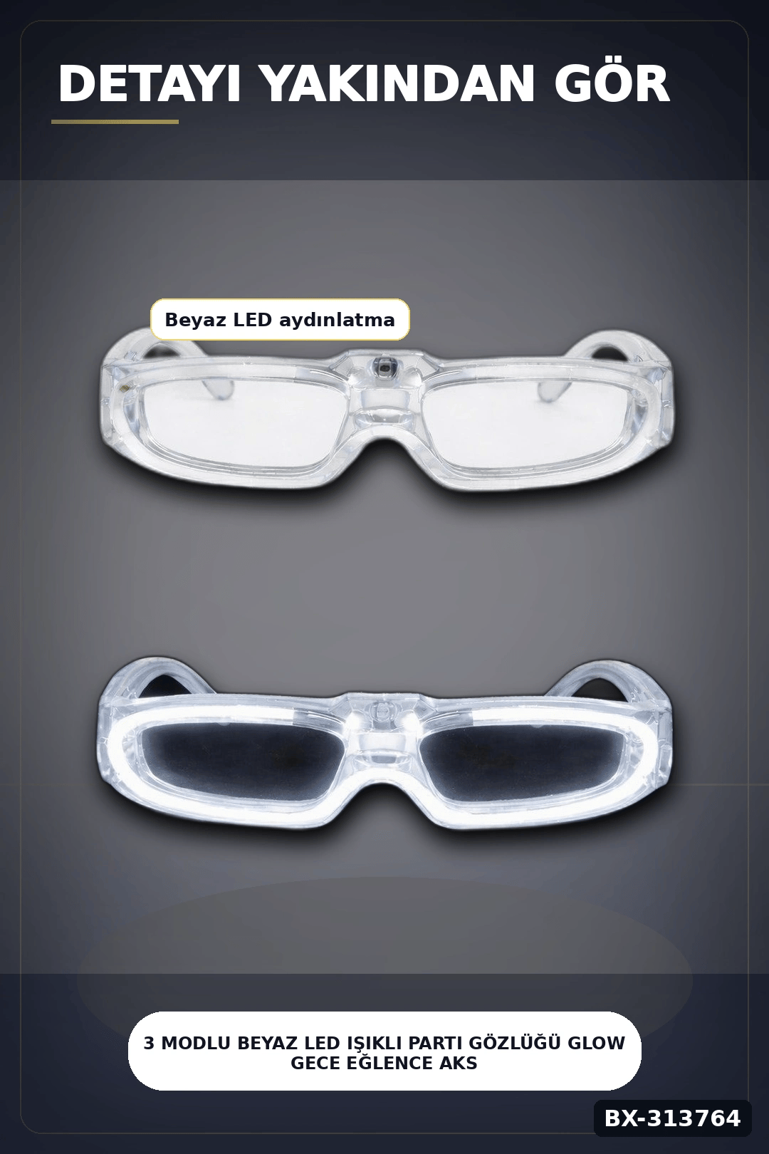 3 Modlu Beyaz Led Işıklı Parti Gözlüğü Glow Gece Eğlence Aksesuarı 1 Adet BX-313764