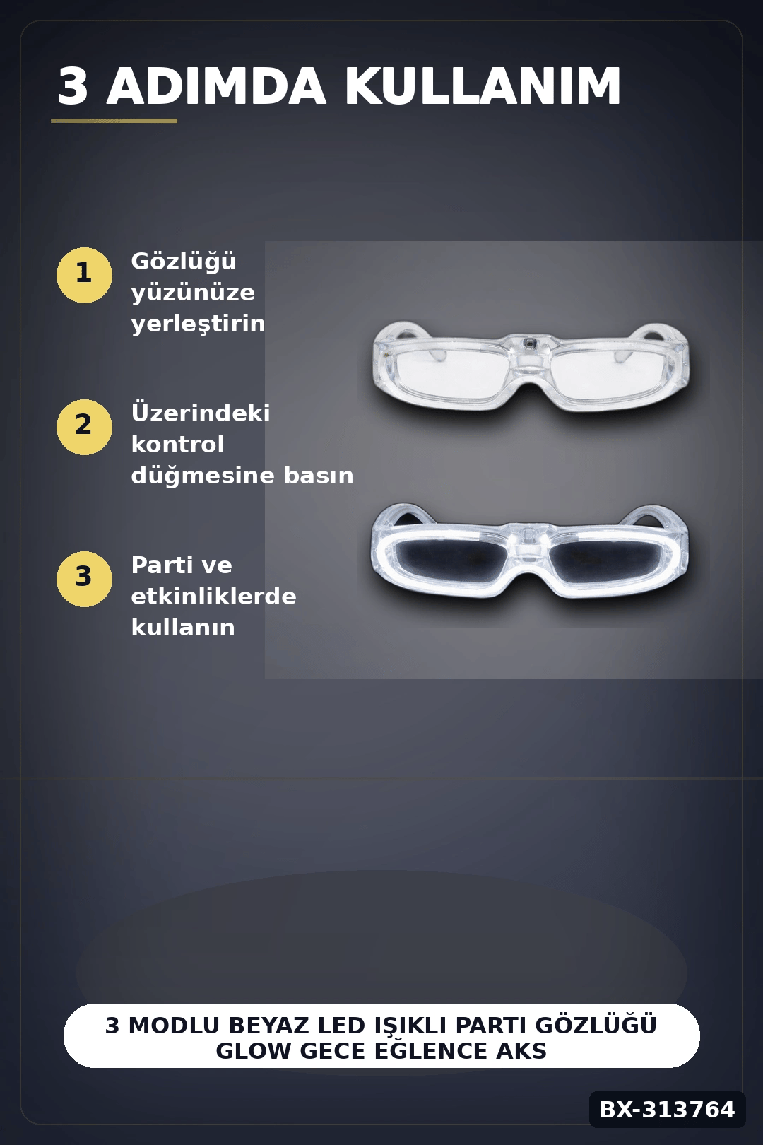 3 Modlu Beyaz Led Işıklı Parti Gözlüğü Glow Gece Eğlence Aksesuarı 1 Adet BX-313764
