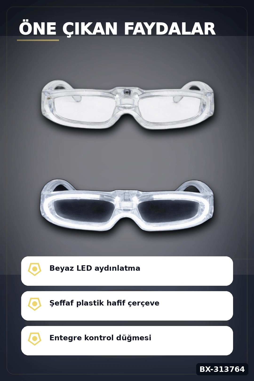 3 Modlu Beyaz Led Işıklı Parti Gözlüğü Glow Gece Eğlence Aksesuarı 1 Adet BX-313764