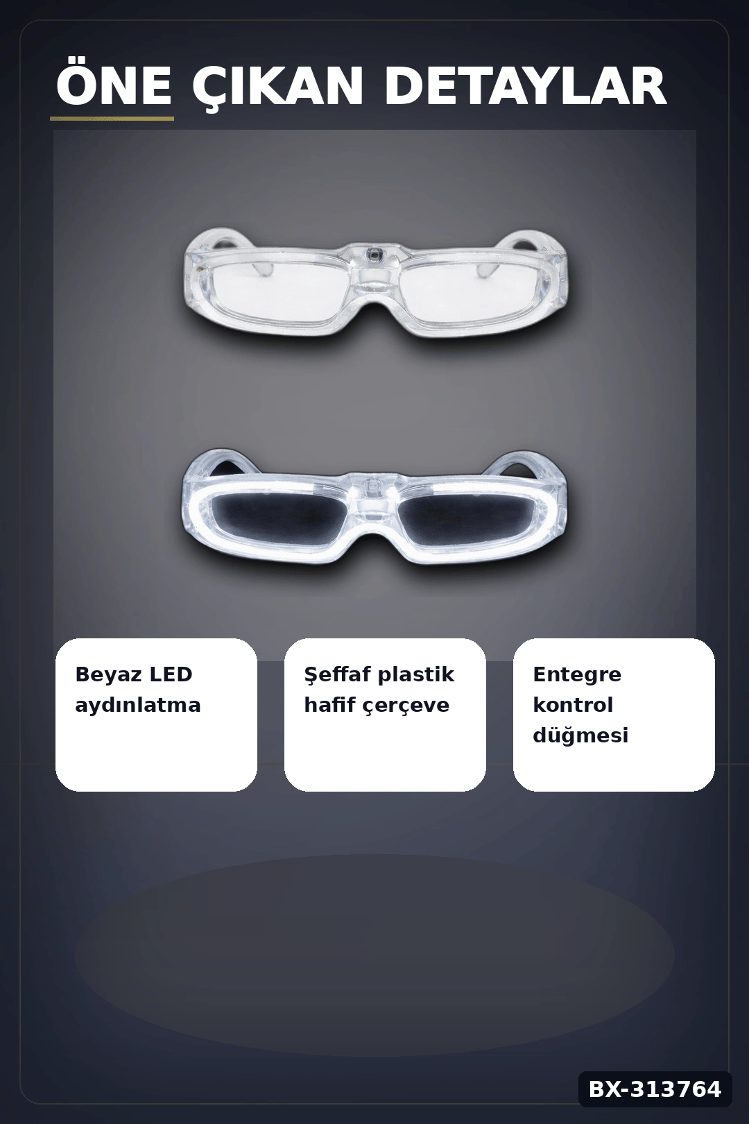 3 Modlu Beyaz Led Işıklı Parti Gözlüğü Glow Gece Eğlence Aksesuarı 1 Adet BX-313764