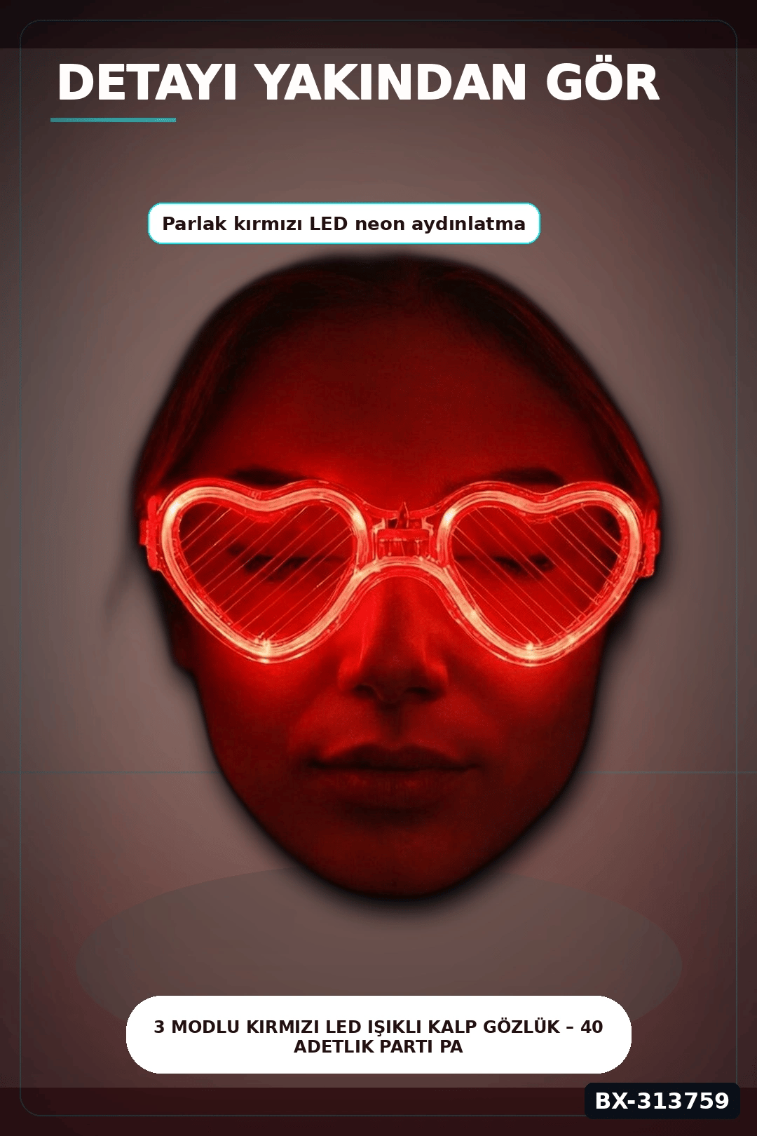 3 Modlu Kırmızı Led Işıklı Kalp Gözlük – 40 Adetlik Parti Paketi, Glow Aksesuarı BX-313759