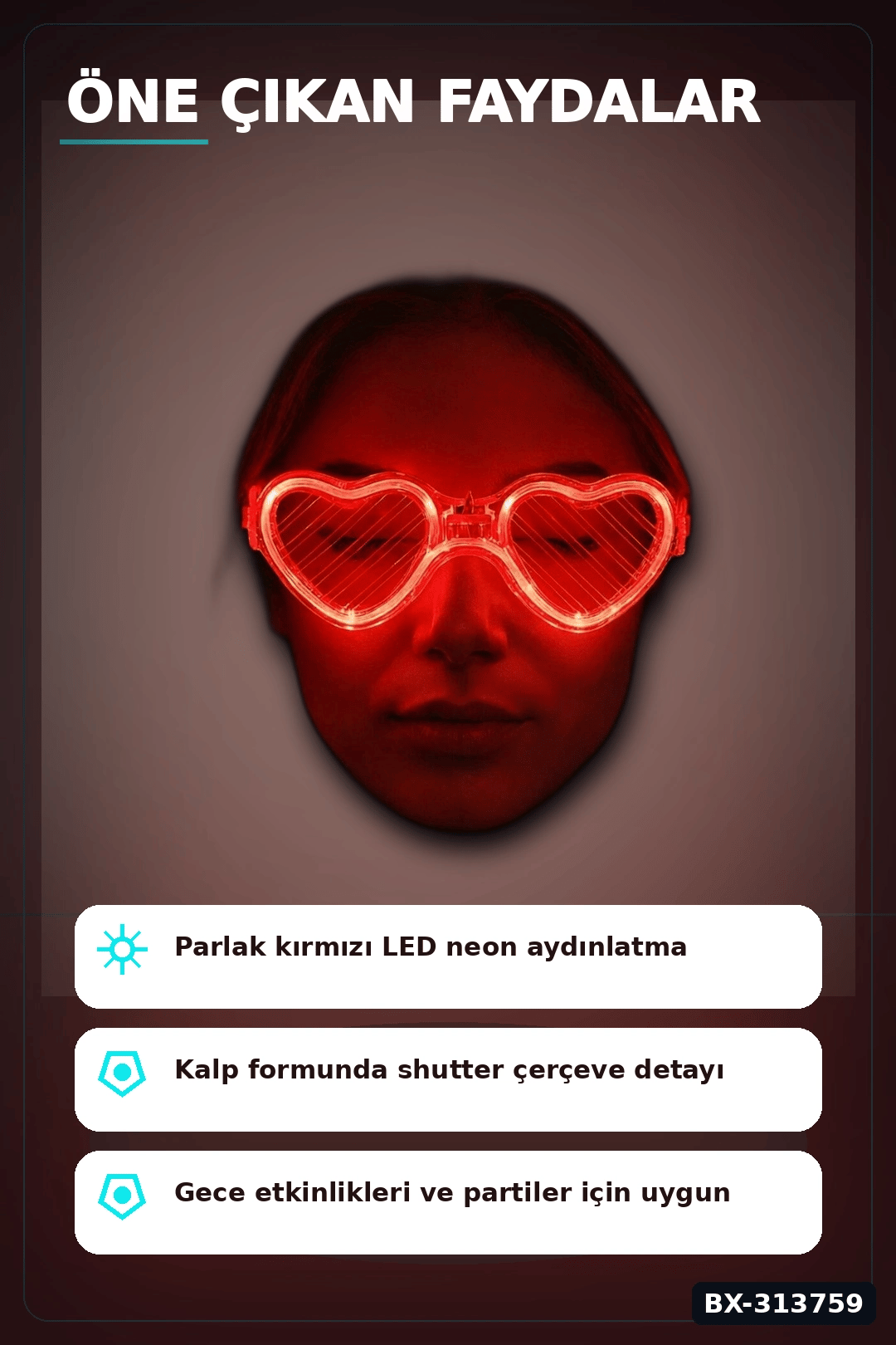 3 Modlu Kırmızı Led Işıklı Kalp Gözlük – 40 Adetlik Parti Paketi, Glow Aksesuarı BX-313759