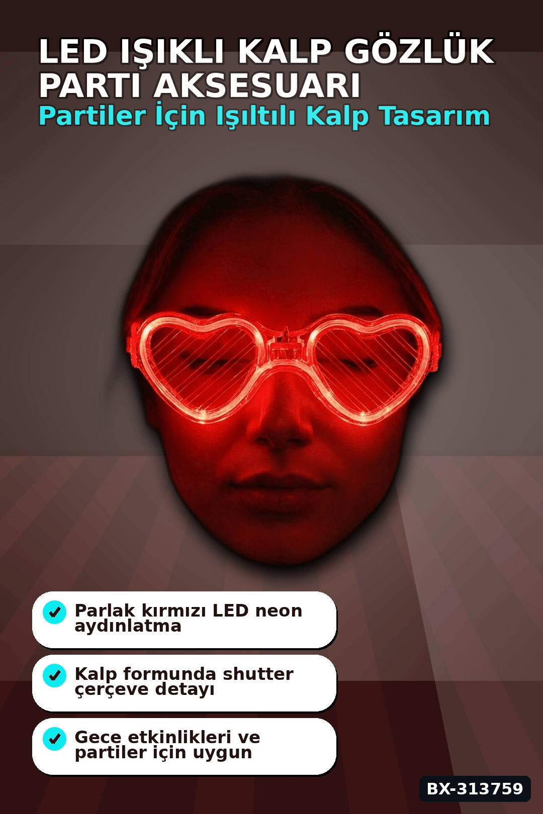 3 Modlu Kırmızı Led Işıklı Kalp Gözlük – 40 Adetlik Parti Paketi, Glow Aksesuarı BX-313759