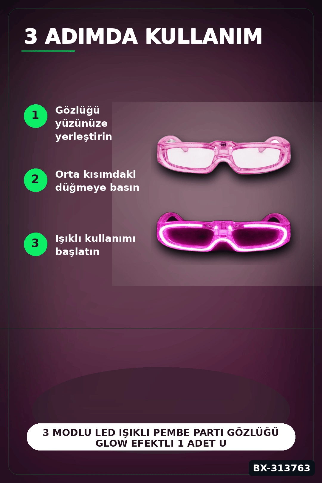 3 Modlu Led Işıklı Pembe Parti Gözlüğü Glow Efektli 1 Adet Unisex Eğlence Aksesuarı BX-313763