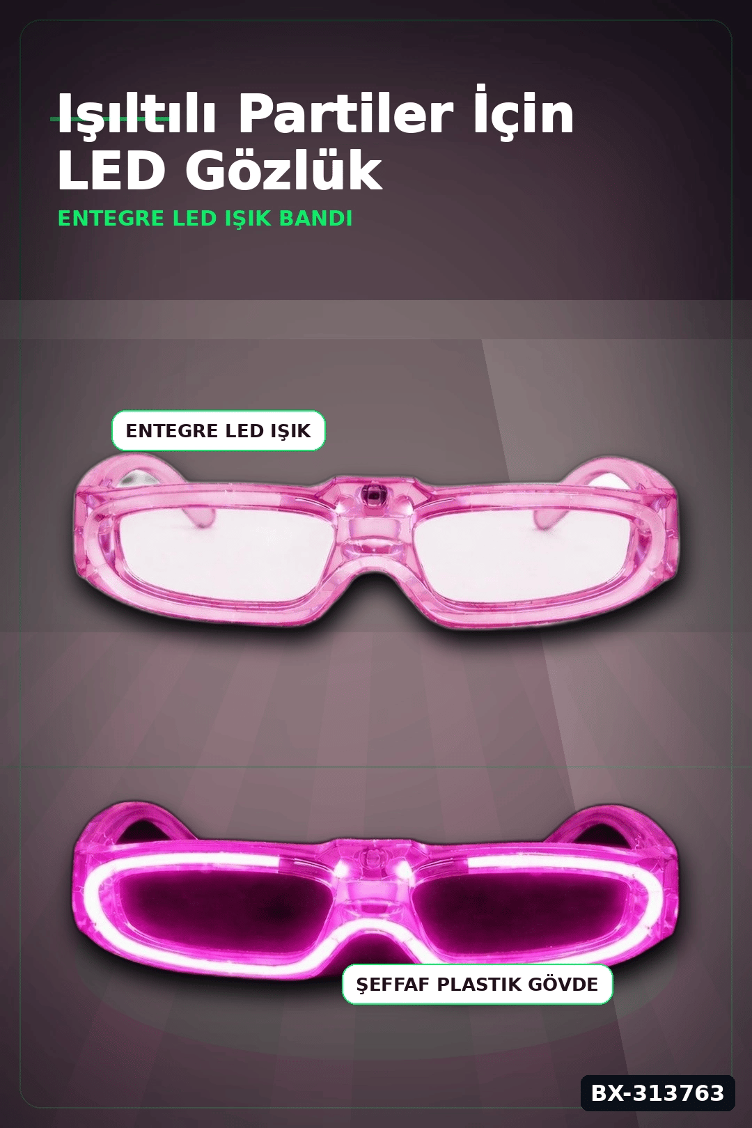 3 Modlu Led Işıklı Pembe Parti Gözlüğü Glow Efektli 1 Adet Unisex Eğlence Aksesuarı BX-313763