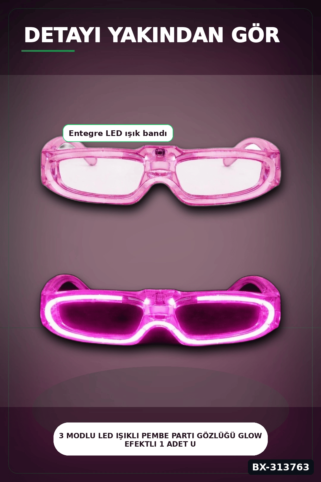 3 Modlu Led Işıklı Pembe Parti Gözlüğü Glow Efektli 1 Adet Unisex Eğlence Aksesuarı BX-313763