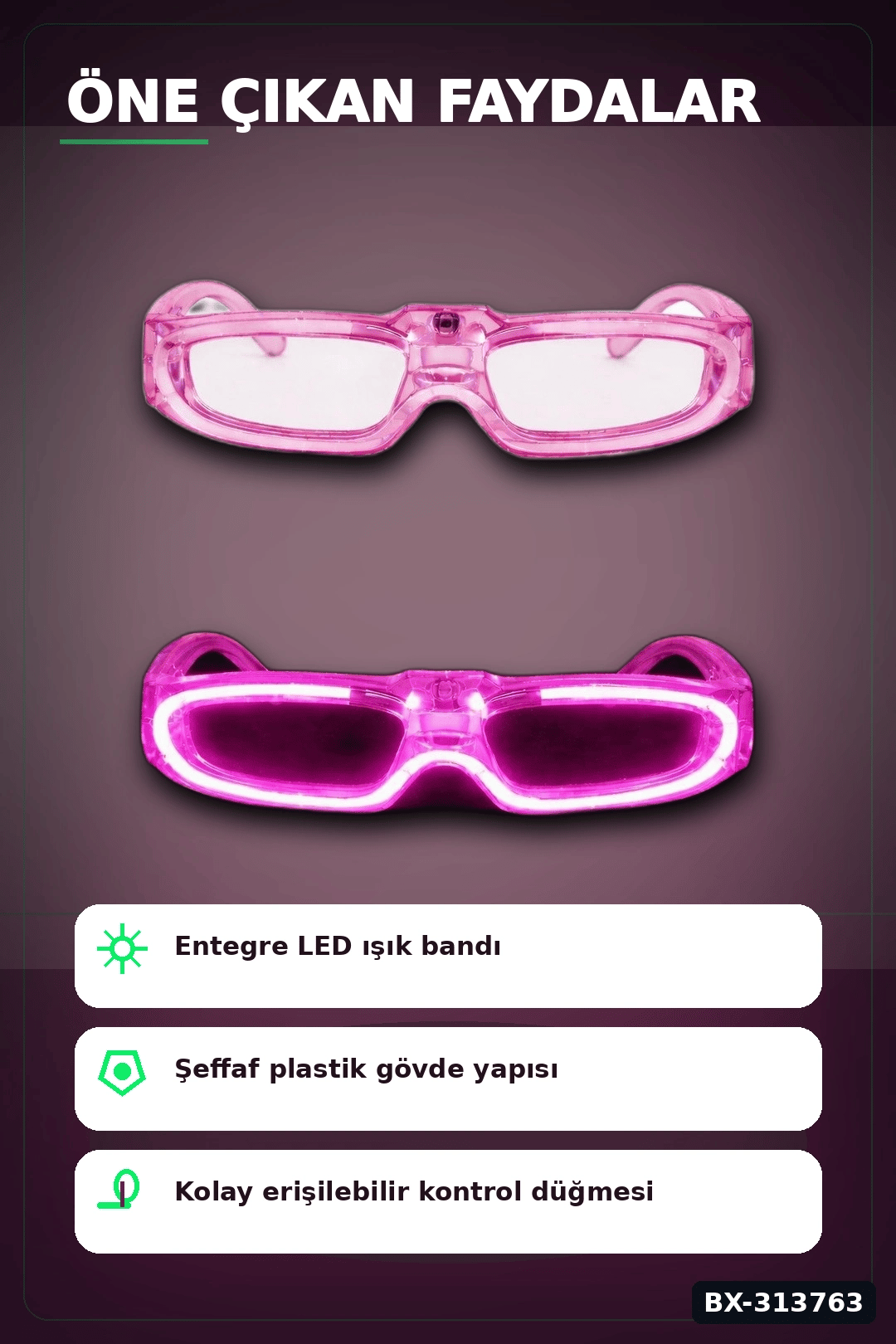 3 Modlu Led Işıklı Pembe Parti Gözlüğü Glow Efektli 1 Adet Unisex Eğlence Aksesuarı BX-313763