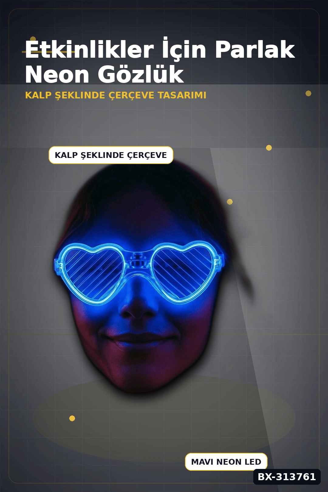 3 Modlu Mavi Led Işıklı Kalp Gözlük Glow Parti Aksesuarı 1 Adet Hafif Neon BX-313761