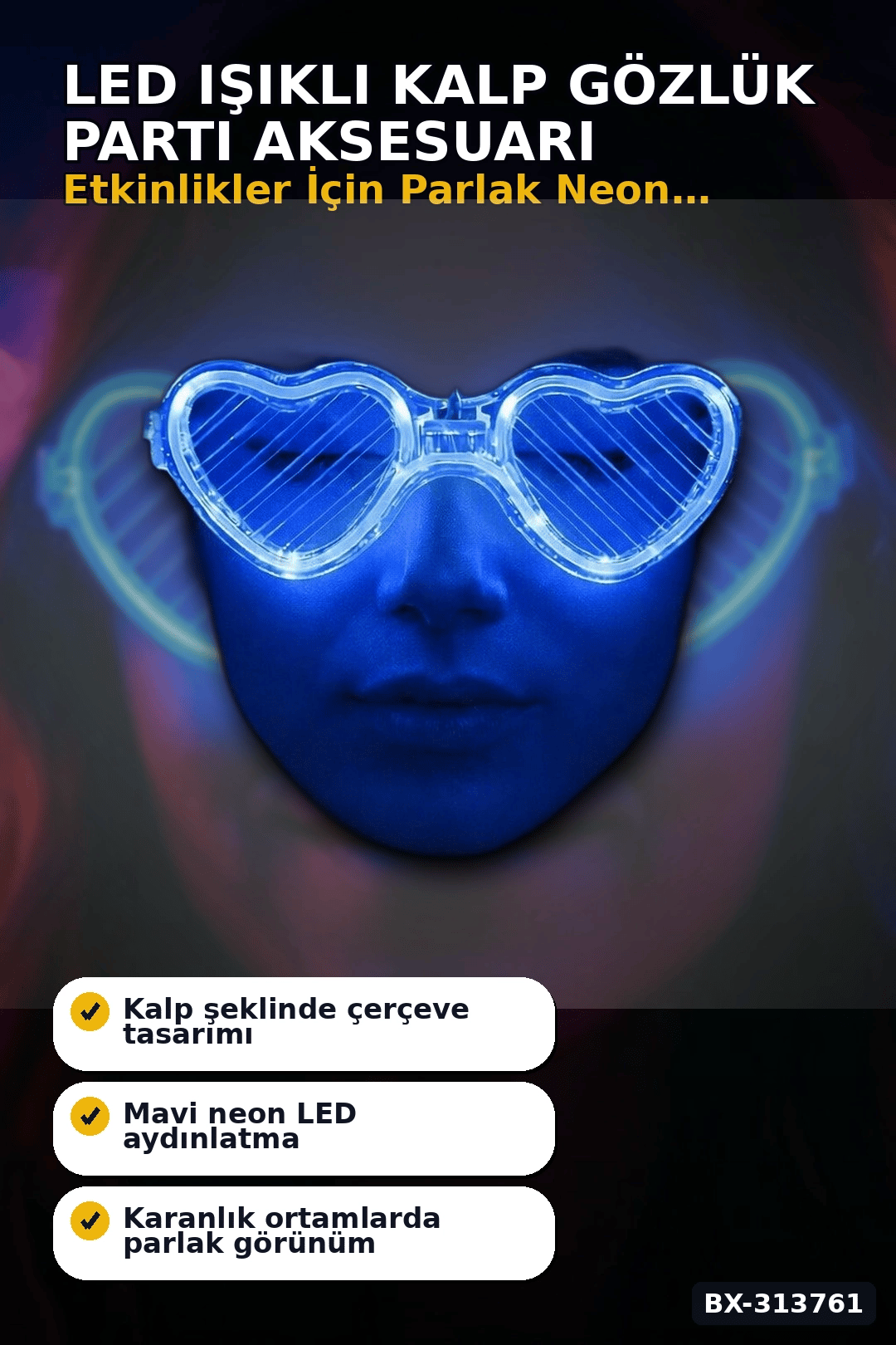 3 Modlu Mavi Led Işıklı Kalp Gözlük Glow Parti Aksesuarı 1 Adet Hafif Neon BX-313761