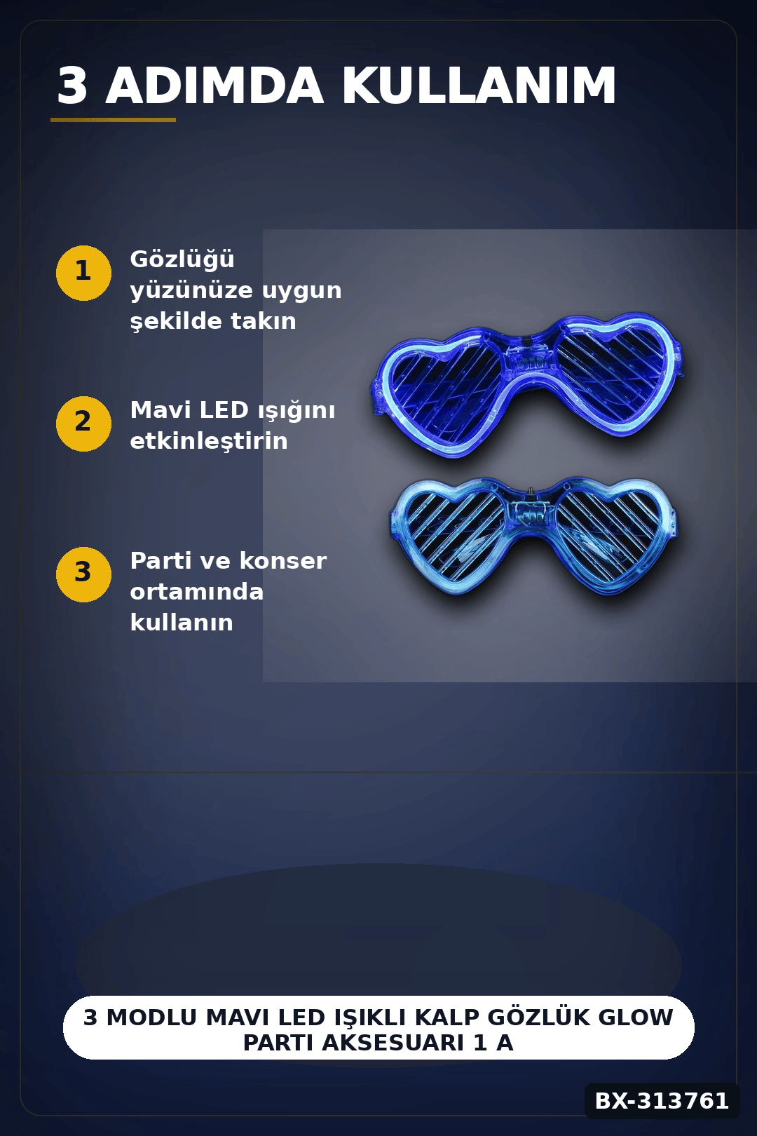 3 Modlu Mavi Led Işıklı Kalp Gözlük Glow Parti Aksesuarı 1 Adet Hafif Neon BX-313761