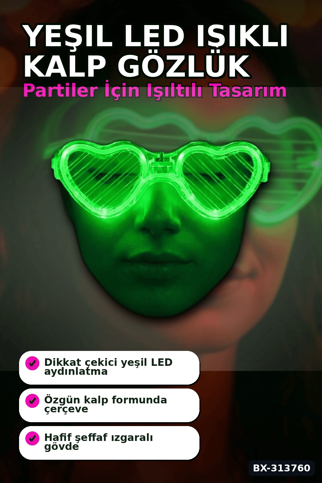 3 Modlu Yeşil Led Işıklı Kalp Gözlük - 1 Adet Parti Aksesuarı Glow Gece BX-313760