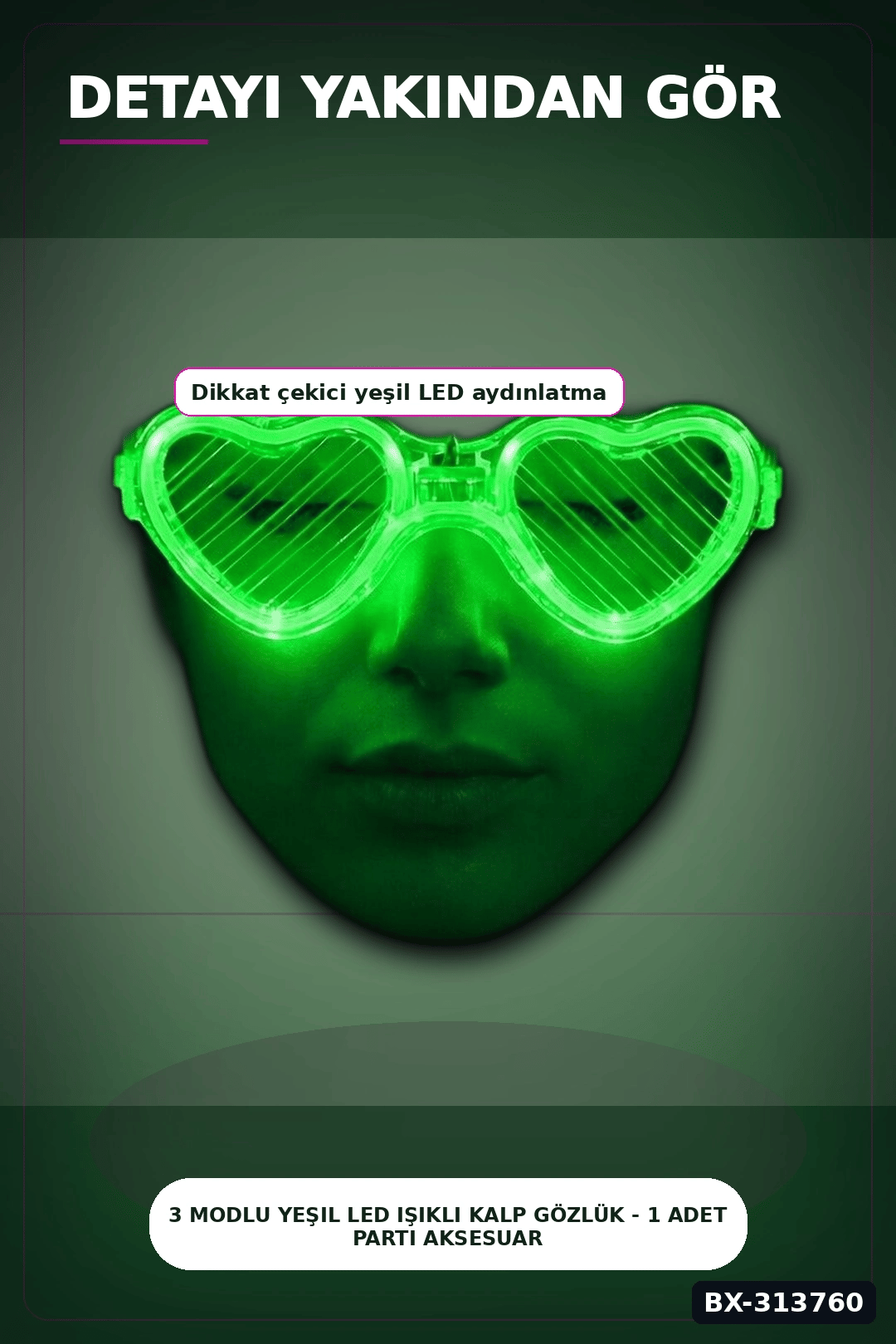 3 Modlu Yeşil Led Işıklı Kalp Gözlük - 1 Adet Parti Aksesuarı Glow Gece BX-313760