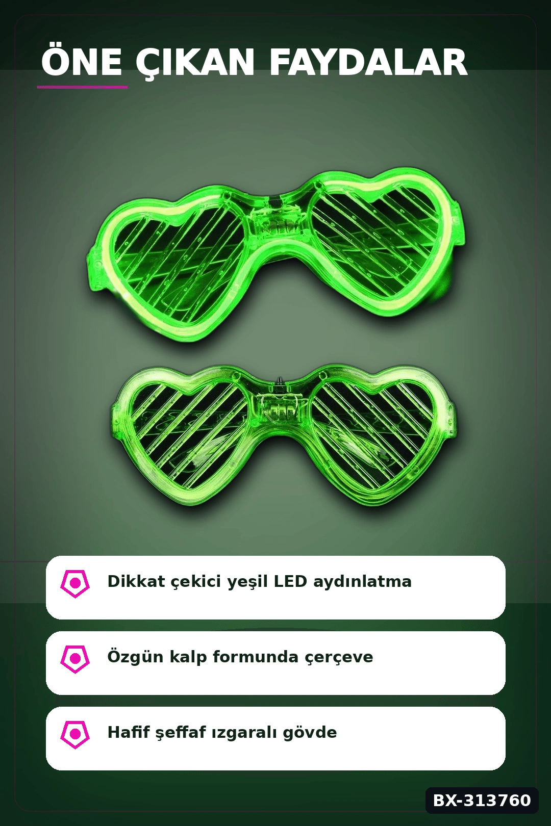 3 Modlu Yeşil Led Işıklı Kalp Gözlük - 1 Adet Parti Aksesuarı Glow Gece BX-313760
