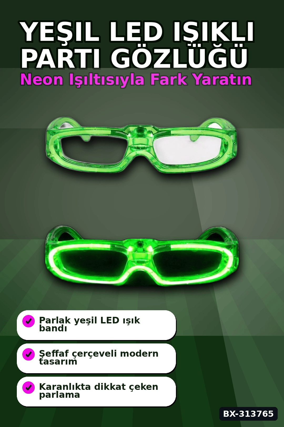 3 Modlu Yeşil Led Işıklı Parti Gözlüğü - Glow Gece Eğlence Aksesuarı 1 Adet BX-313765