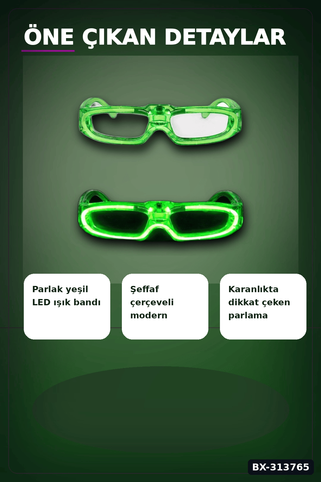 3 Modlu Yeşil Led Işıklı Parti Gözlüğü - Glow Gece Eğlence Aksesuarı 1 Adet BX-313765