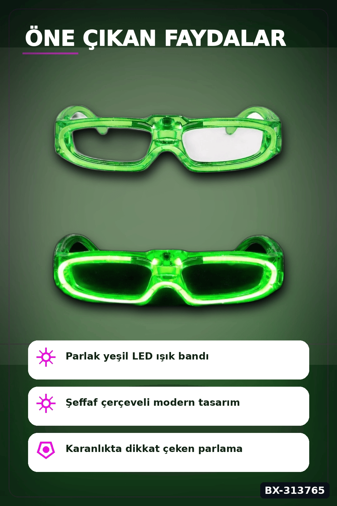 3 Modlu Yeşil Led Işıklı Parti Gözlüğü - Glow Gece Eğlence Aksesuarı 1 Adet BX-313765