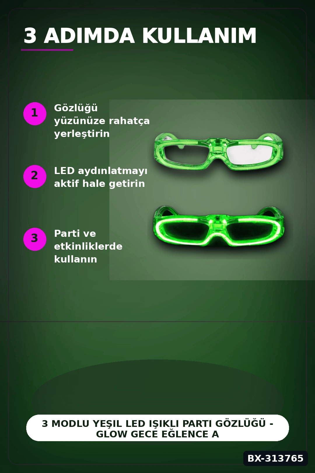 3 Modlu Yeşil Led Işıklı Parti Gözlüğü - Glow Gece Eğlence Aksesuarı 1 Adet BX-313765