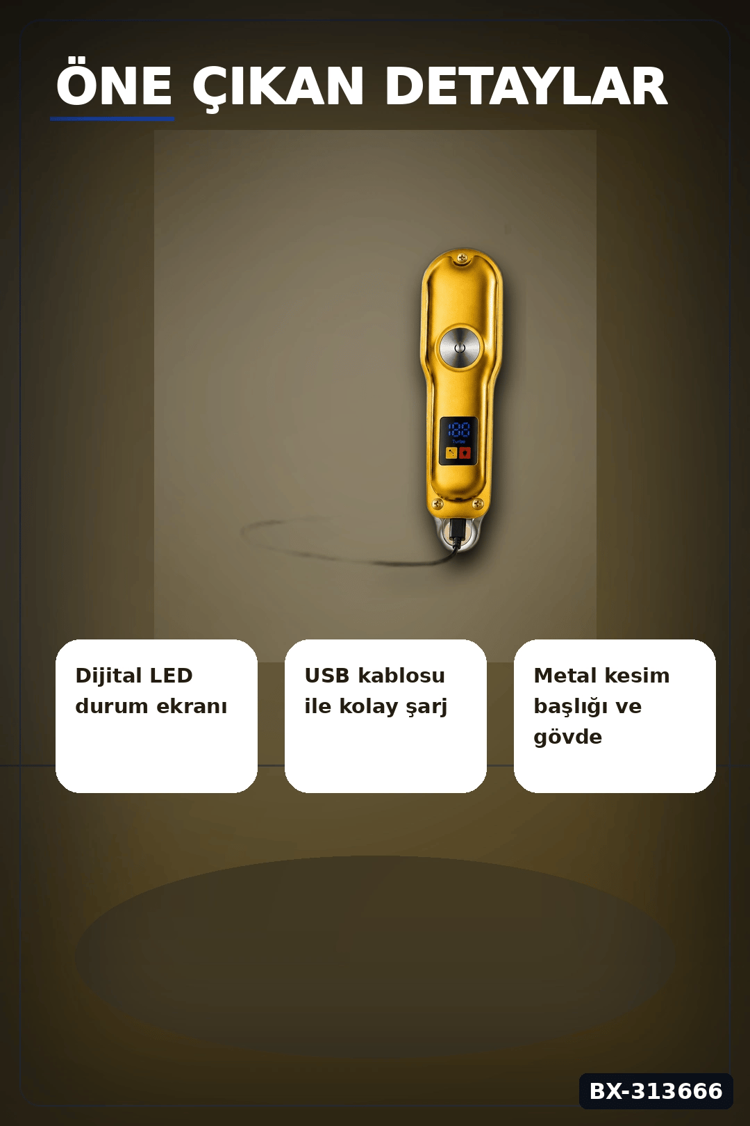 3 Taraklı Şarjlı Saç Sakal Tıraş Makinesi, Turbo Modlu LED Gösterge T Bıçak Kesim BX-313666