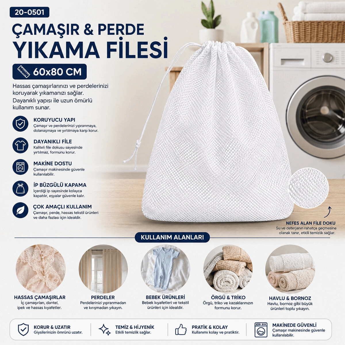 30 Adet 60x80cm Çamaşır - Perde Yıkama Filesi Bx40