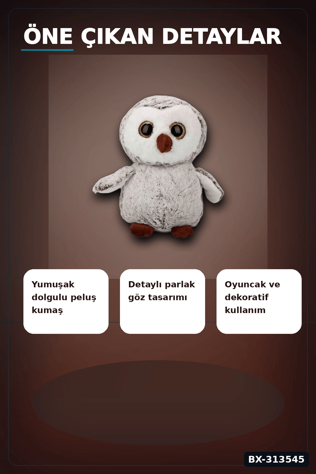 30 cm Peluş Baykuş Oyuncak - Yumuşak Dolgulu, Elde Yıkanabilir, Kahverengi-Siyah Seçenekli BX-313545