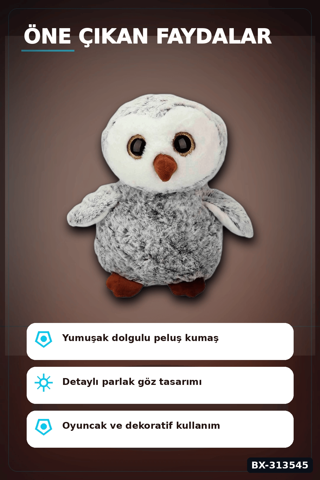30 cm Peluş Baykuş Oyuncak - Yumuşak Dolgulu, Elde Yıkanabilir, Kahverengi-Siyah Seçenekli BX-313545