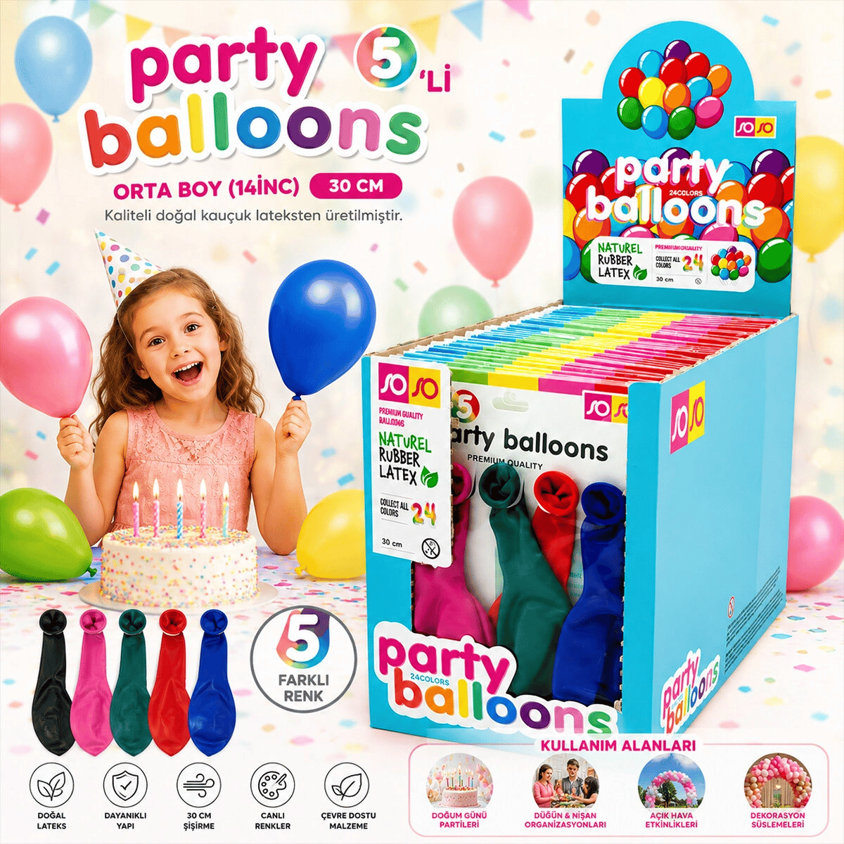 30 Paket - 5pcs Orta Boy Renkli - 30cm Party Balon Toptamda 150 Adet Balon Bx40