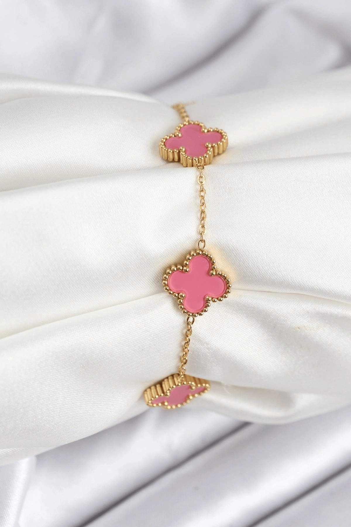316L Çelik Gold Zincir Pembe Yonca Renk Bileklik