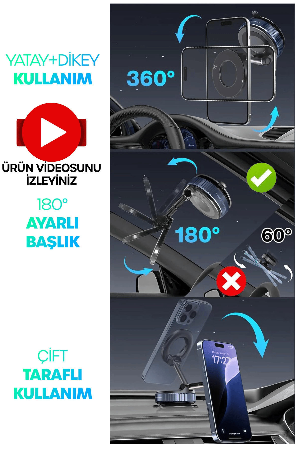 360 Araba Telefon Tutucu Ayarlanabilir Masa Üstü Vakumlu Mıknatıslı Magsafe Telefon Tutucu Siyah