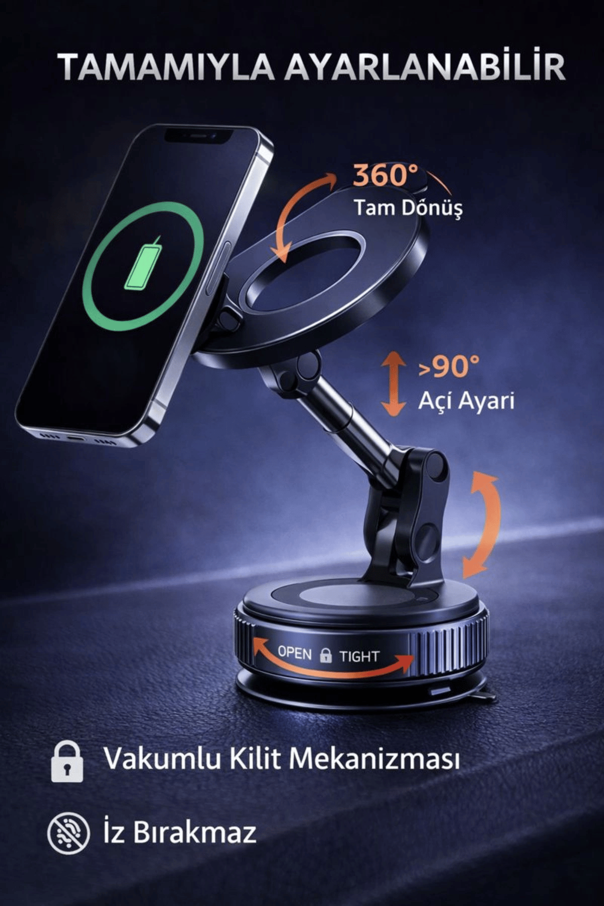 360° Ayarlanabilir Vakumlu Manyetik Telefon Tutucu – Güçlü Mıknatıs, İz Bırakmaz Tasarım