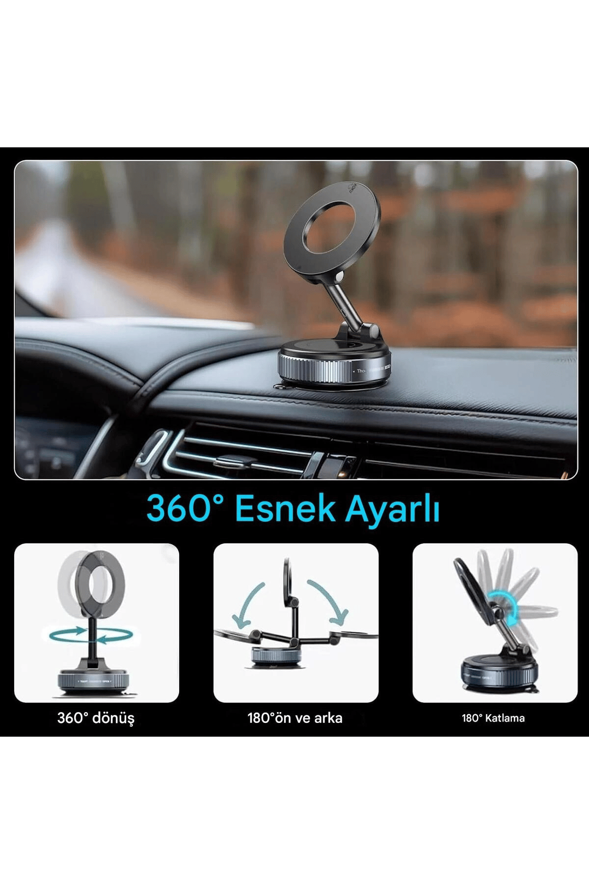 360 Derece Dönebilen Güçlü Vakumlu Magsafe Araç İçi ve Masa Üstü Halka Telefon Tutucu