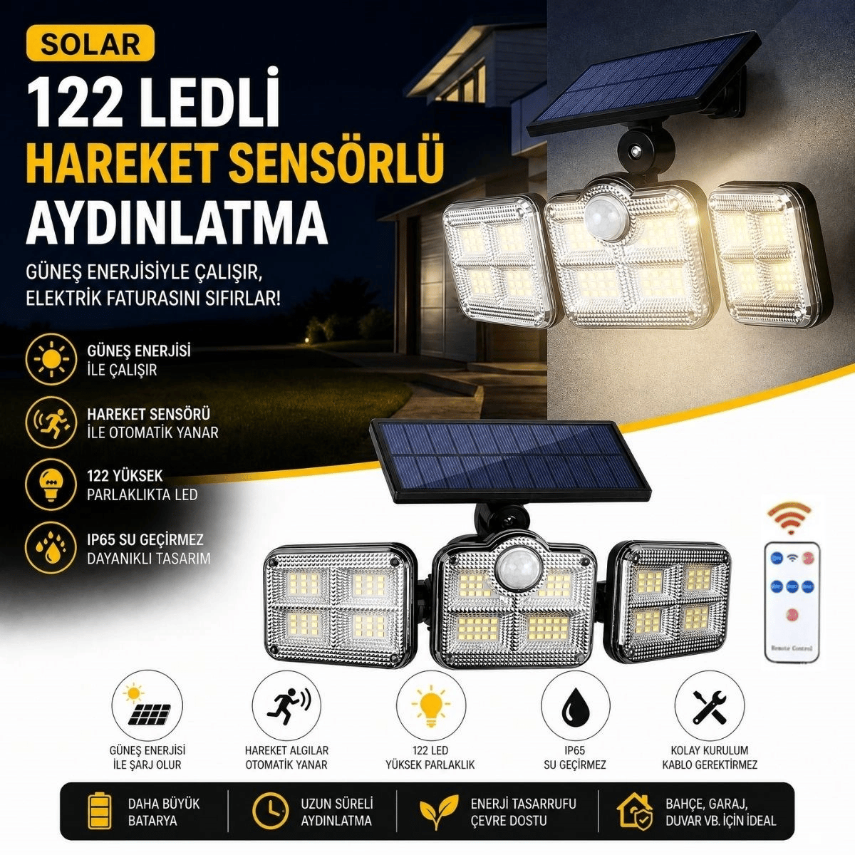 3'lü 122 Ledli Güneş Enerjili Hareket Sensörlü Aydınlatma, Dış Mekan Duvar Ve Bahçe Lambası Solar Led Bx40