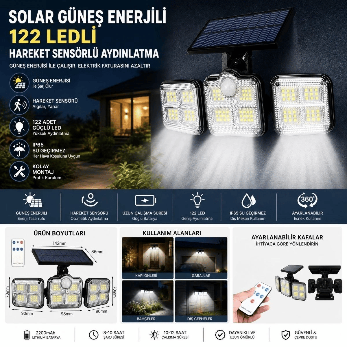 3'lü 122 Ledli Güneş Enerjili Hareket Sensörlü Aydınlatma, Dış Mekan Duvar Ve Bahçe Lambası Solar Led Bx40