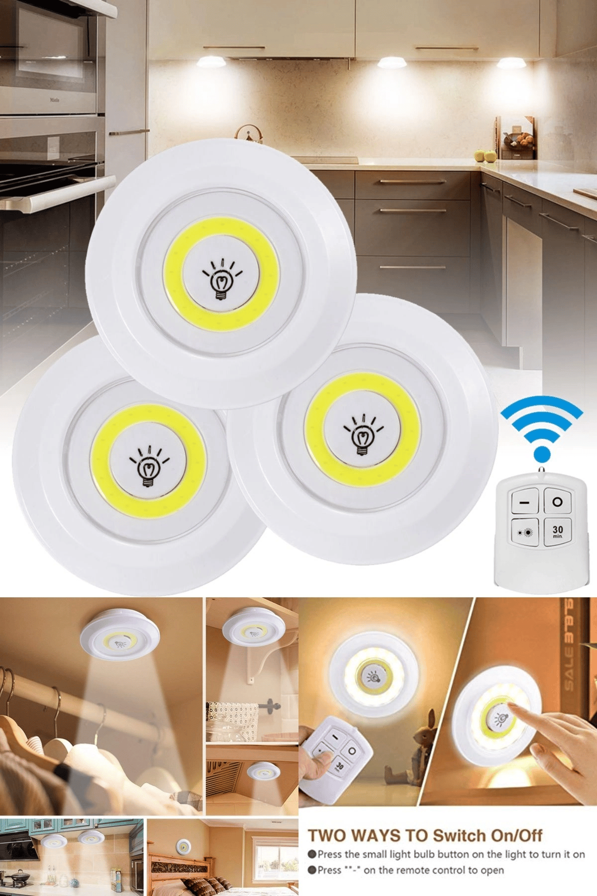 3'lü Uzaktan Kumandalı Pilli Yapışkanlı Kablosuz Led Spot Lambalar Bx40