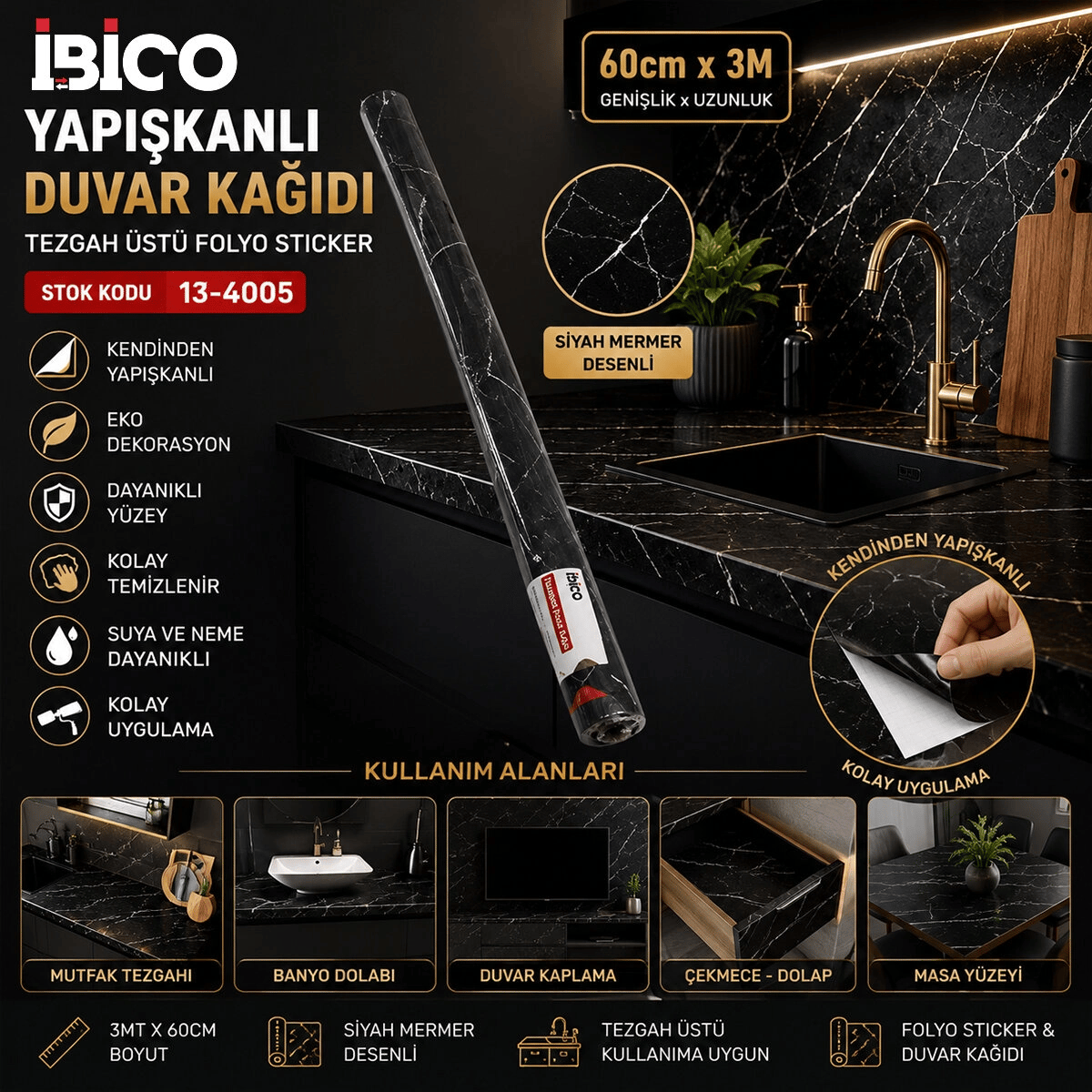 3mt X 60cm Siyah Mermer Desenli Tezgah Üstü Folyo Sticker - Duvar Kağıt Kendinden Yapışkanlı - Eko Dekorasyon - Dayanıklı Bx40