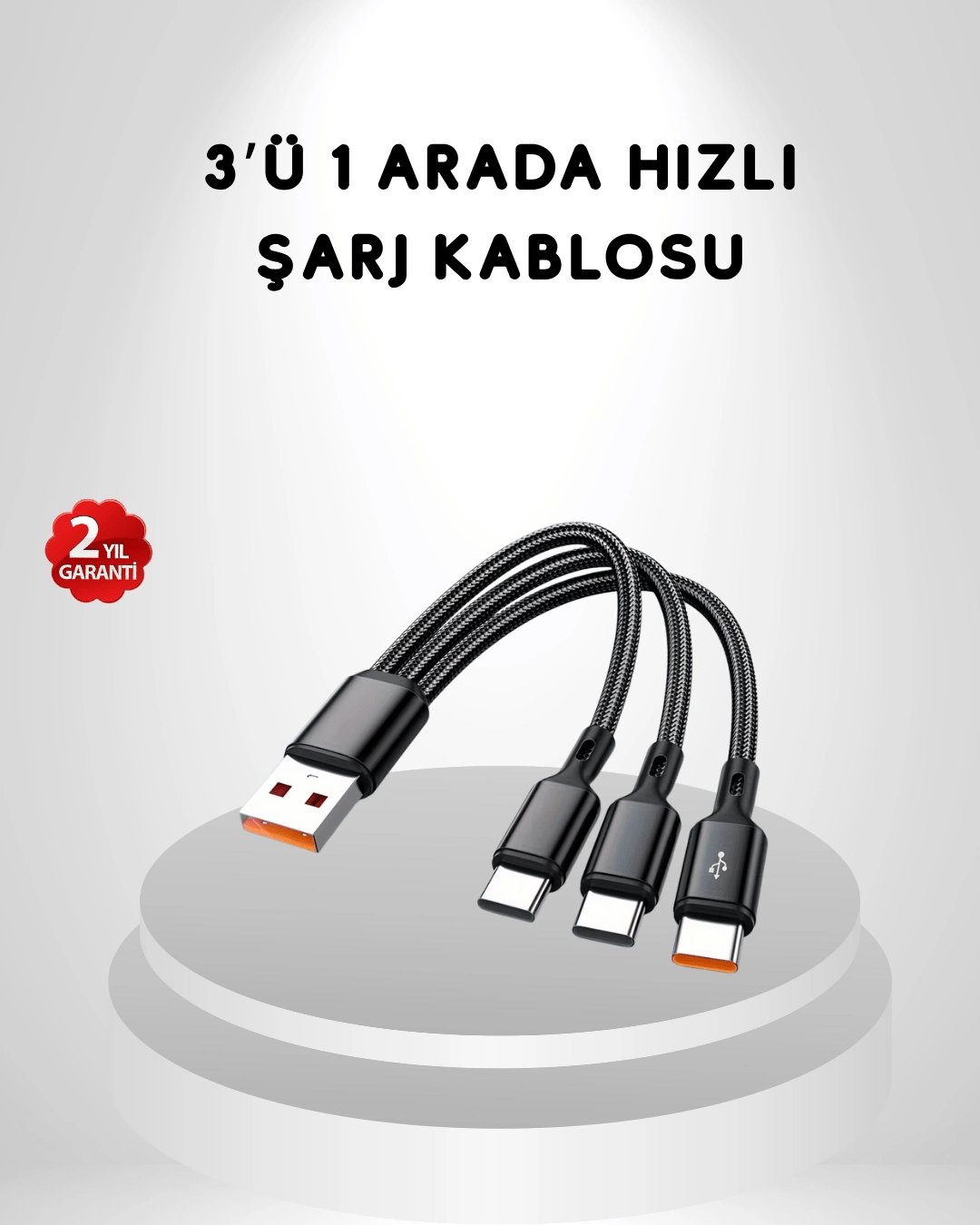 3’ü 1 Arada Hızlı Şarj Kablosu iOS Android Type-C Uyumlu ve Dayanıklı