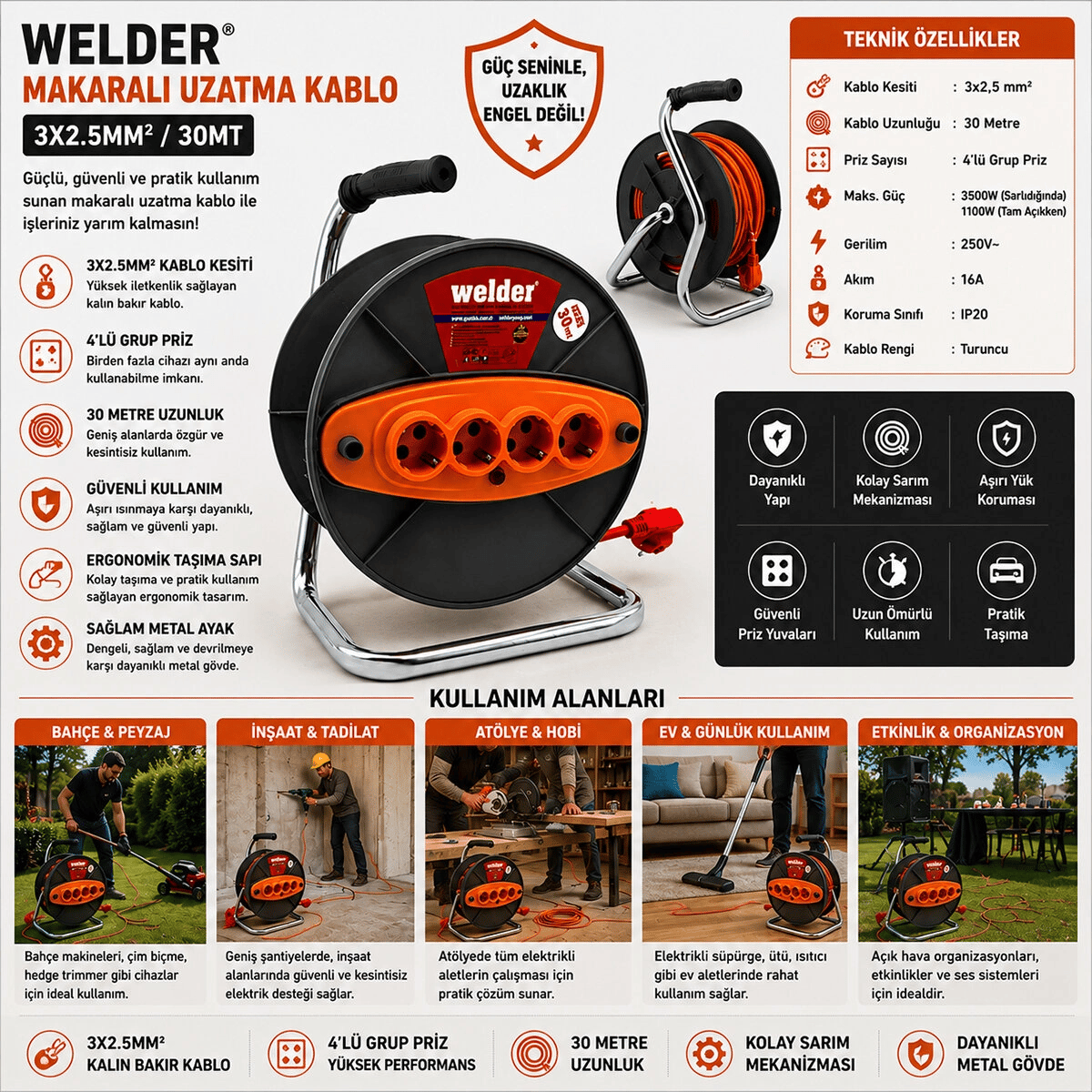 3x2.5mm 30mt Makaralı Uzatma Kablo Ct Welder Bx40