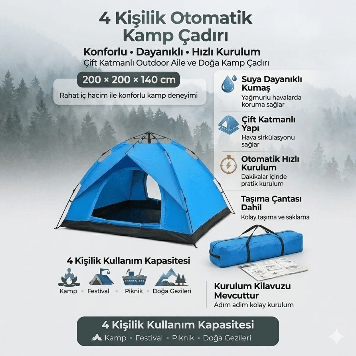 4 Kişilik Otomatik Kamp Çadırı – Çift Katmanlı, Suya Dayanıklı, Hızlı Kurulum Outdoor Aile Ve Doğa Çadırı 200x200x140 Cm Bx40